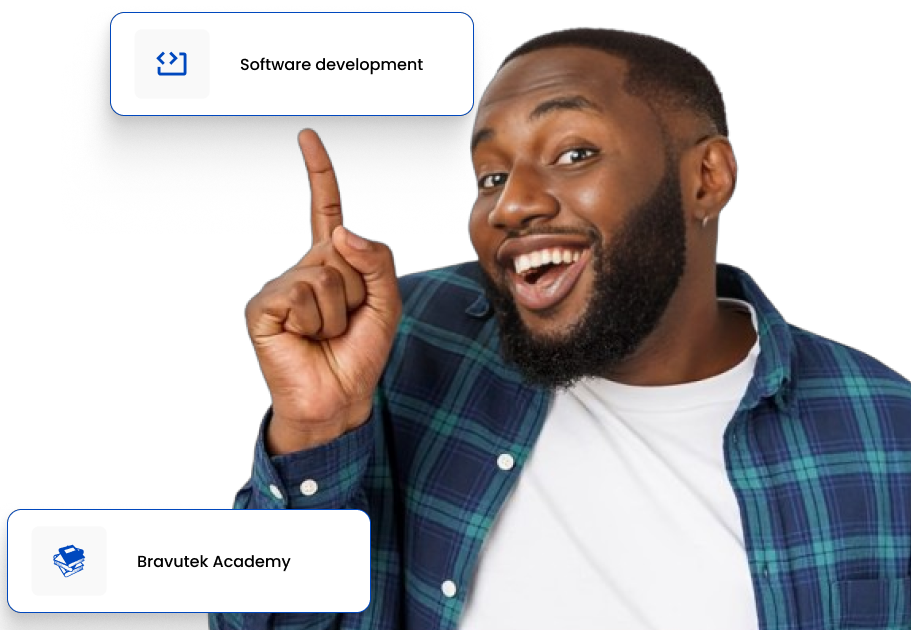 bravutek header image - show's a man pointing to software development and bravutek academy